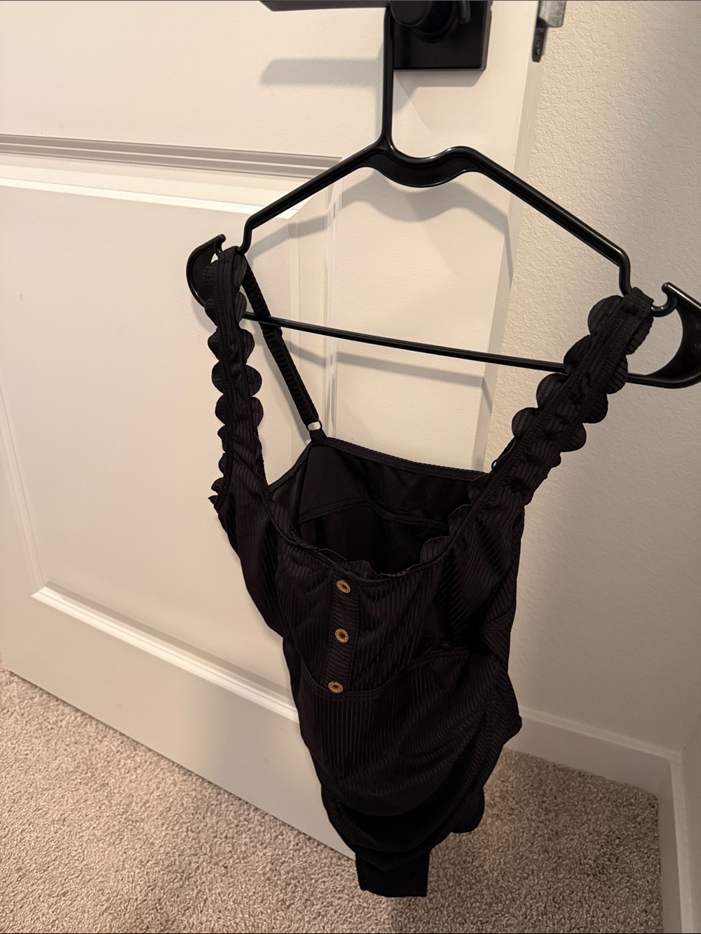 Amazon Black Ribbed One-Piece Swimsuit with Scalloped Straps and Front Buttons